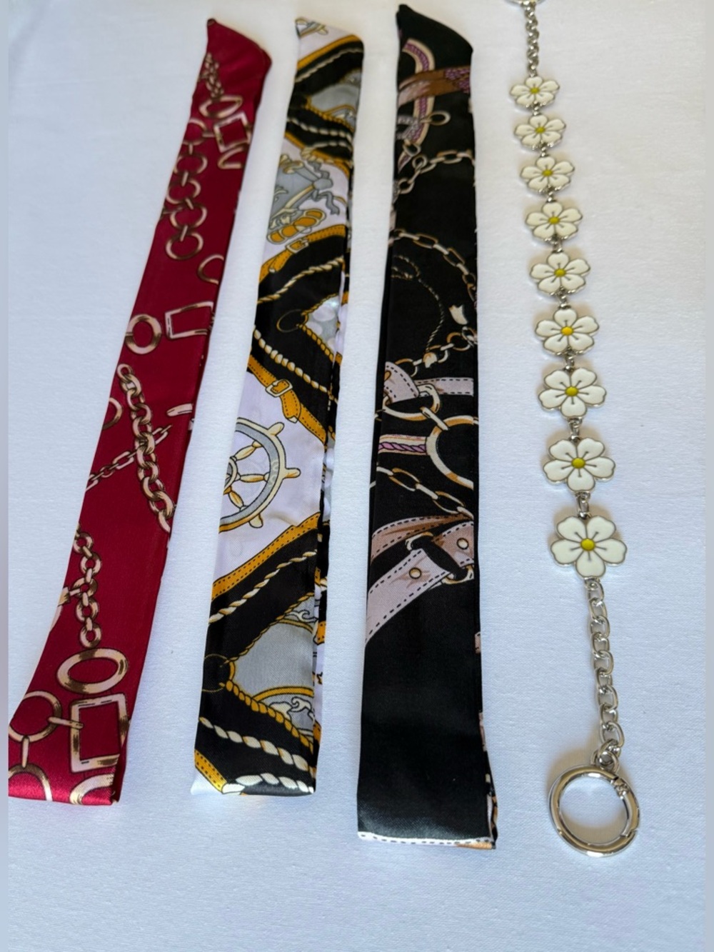 Bag Accessories Set – 3 Unbranded Scarves + Silver Floral Chain Charm